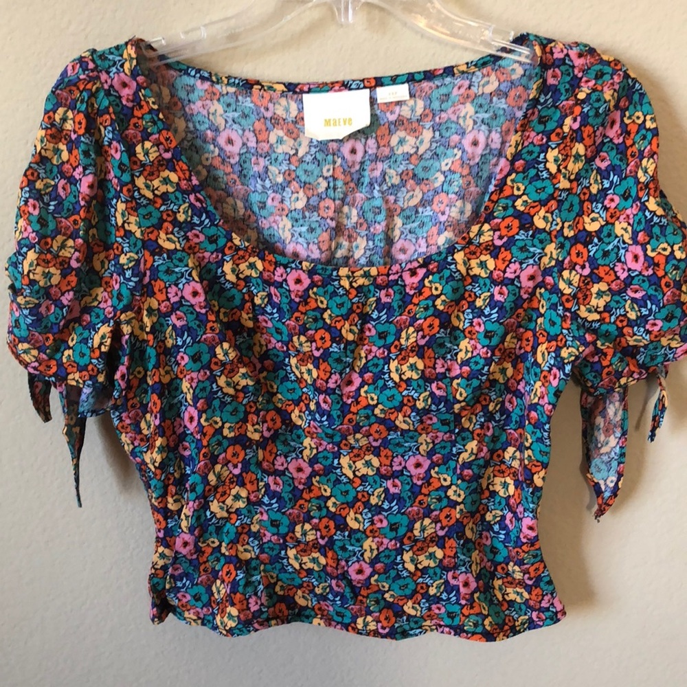 Anthropologie Maeve Floral Smocked Crop Top w/Open Tie Sleeves - Size XS Petite